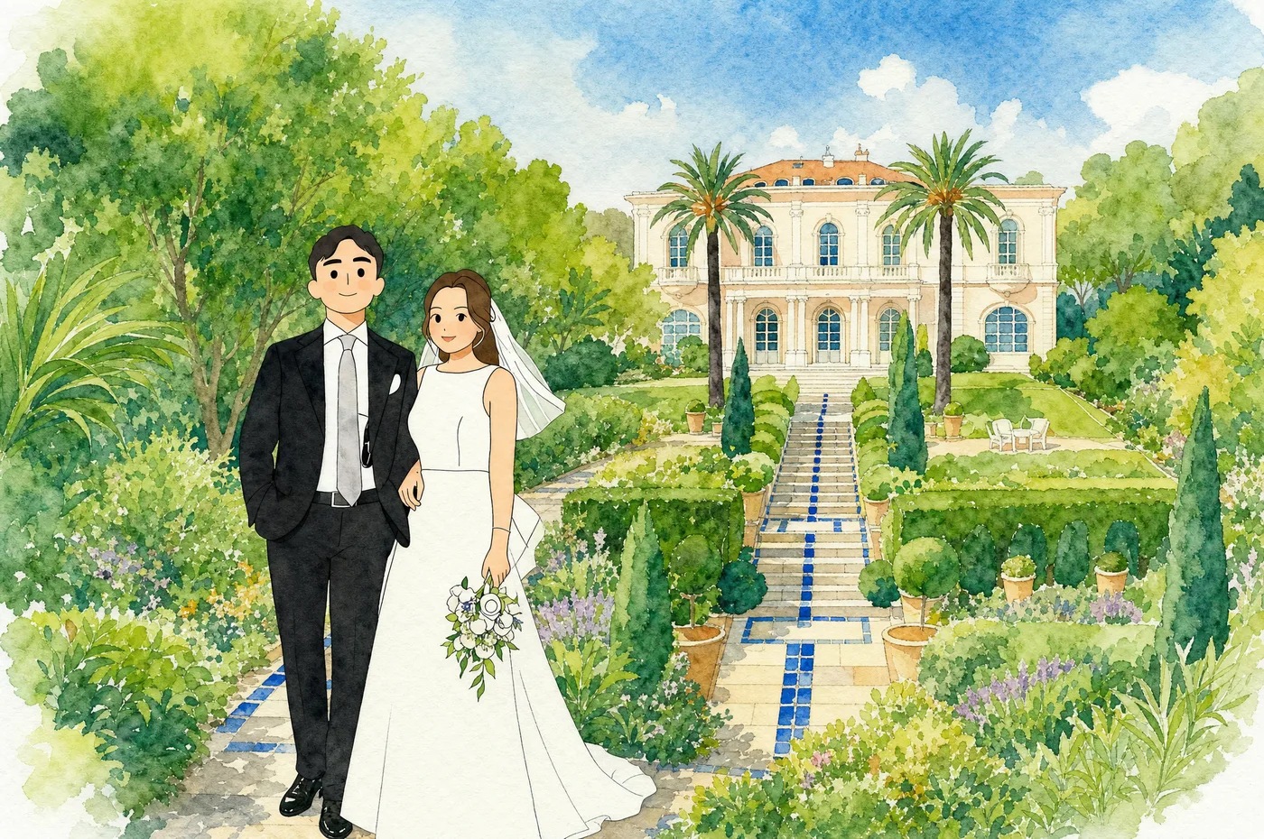 水彩画：Jenny 和 Reno 站在通往 Domaine Rocabella 的蓝色瓷砖花园小径上